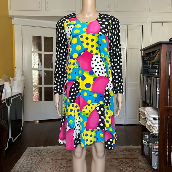 Vintage 80s Pat Argenti Colorful Polka Dot Silk A-Line Dress Size 6 - Picture 4 of 12